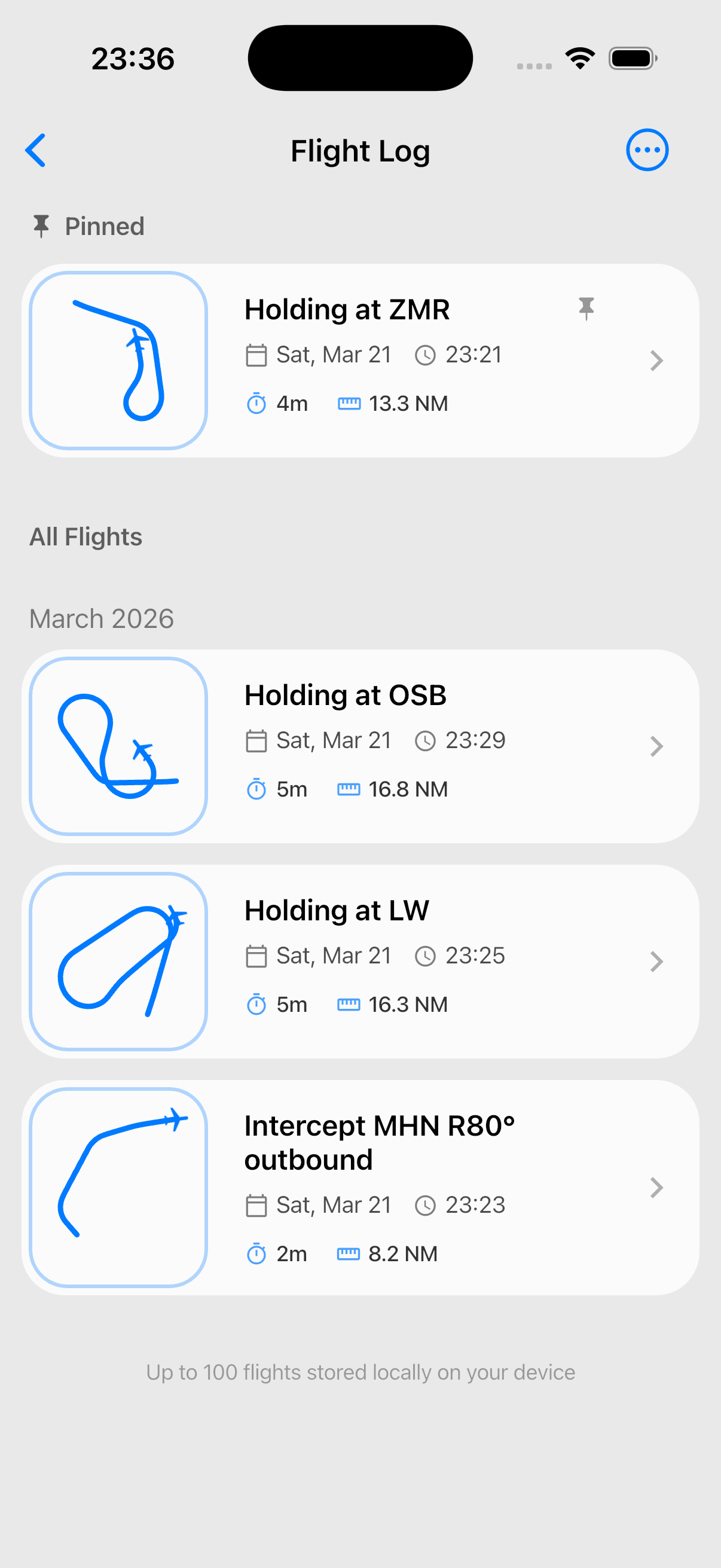 Screenshot: flight log list showing completed flights with dates and routes