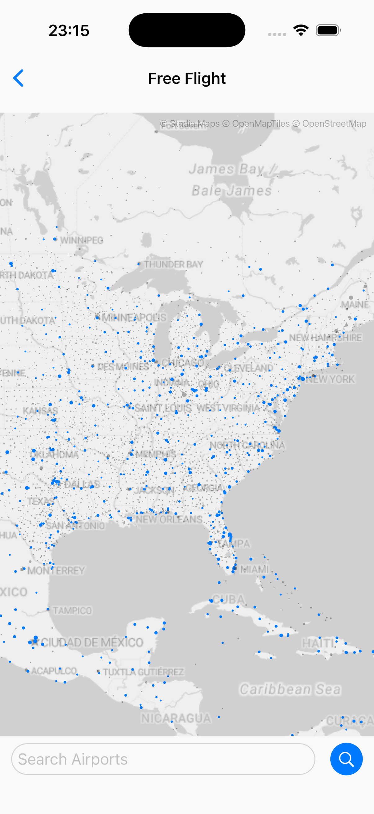 Screenshot: airport selection map showing worldwide coverage with search and runway options