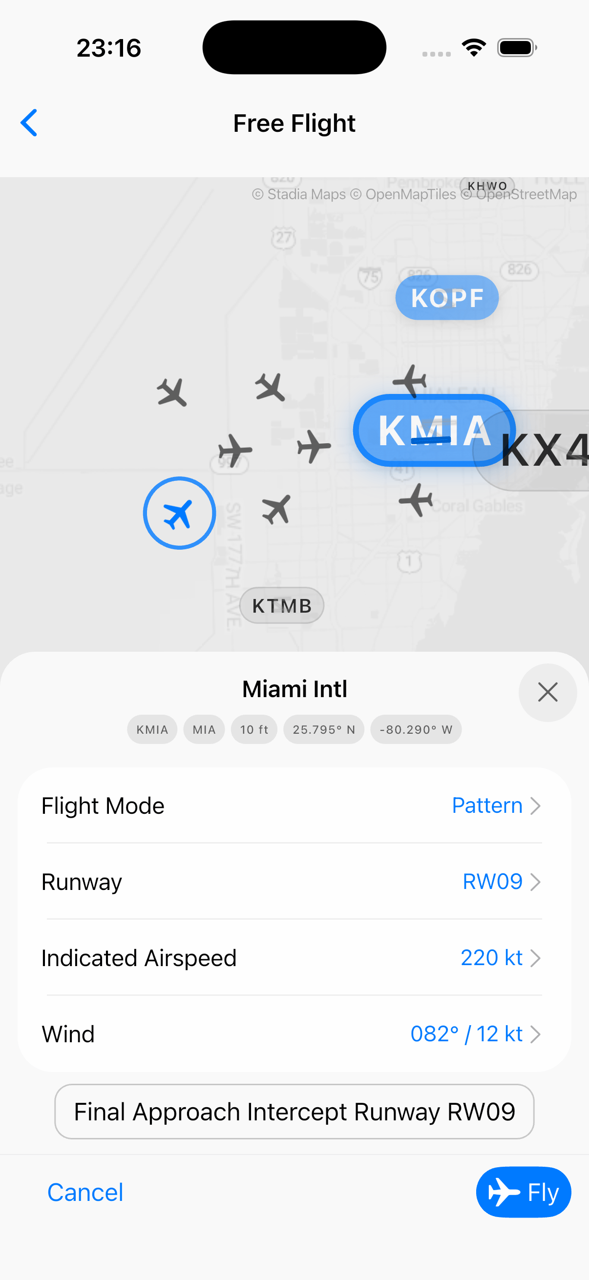 Screenshot: cockpit view flying an ILS approach with glideslope and localizer needles alive