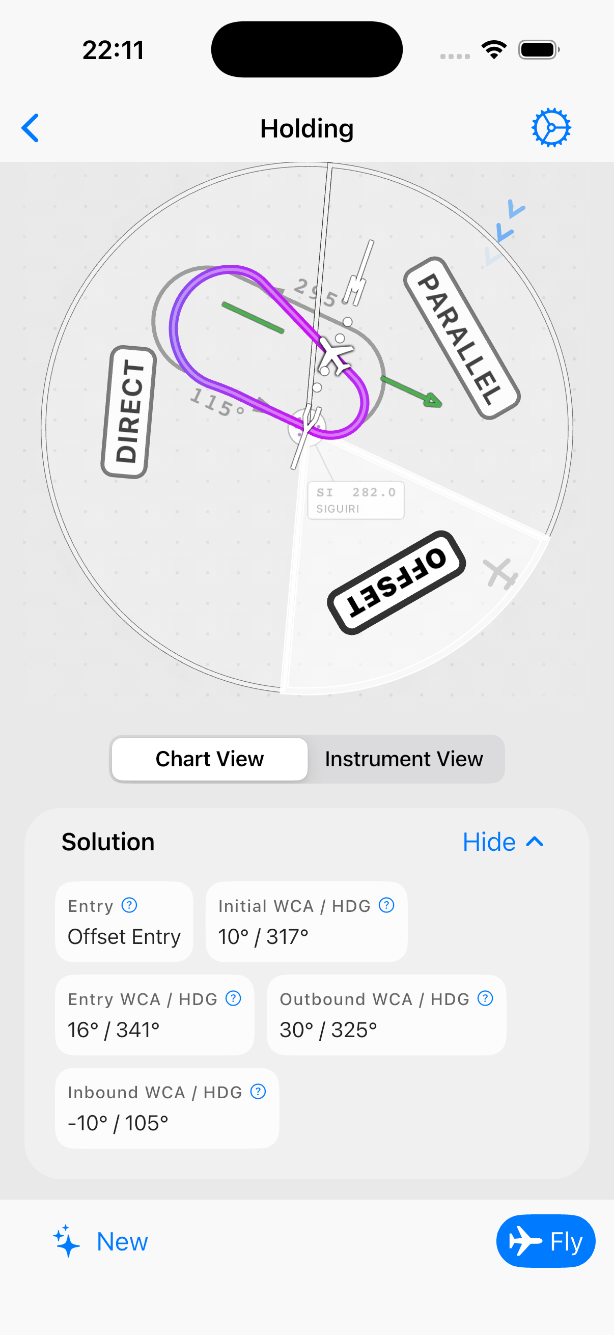 Screenshot: holding pattern entry in chart view with wind correction overlay showing the optimal flight path