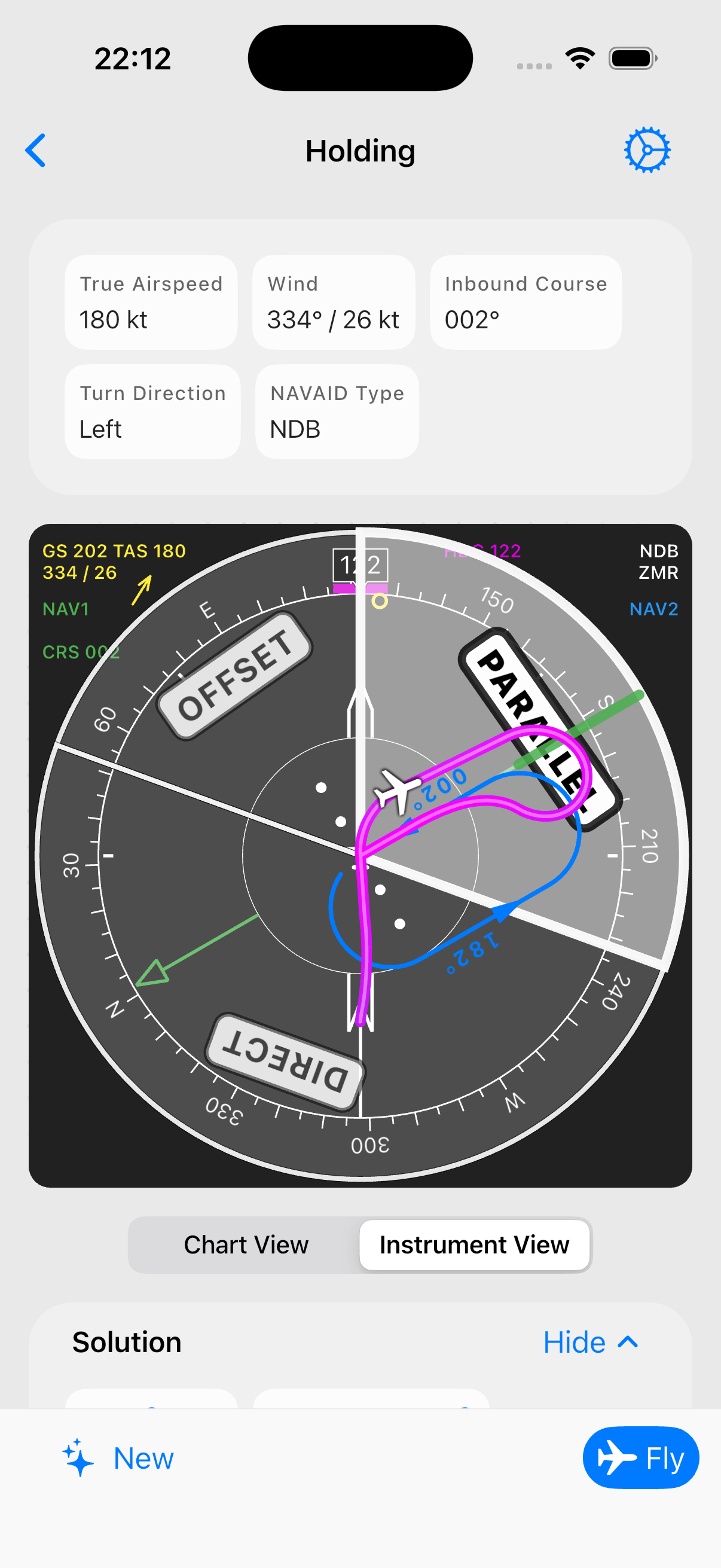 Screenshot: instrument view with live needle movement around the aircraft symbol during a hold