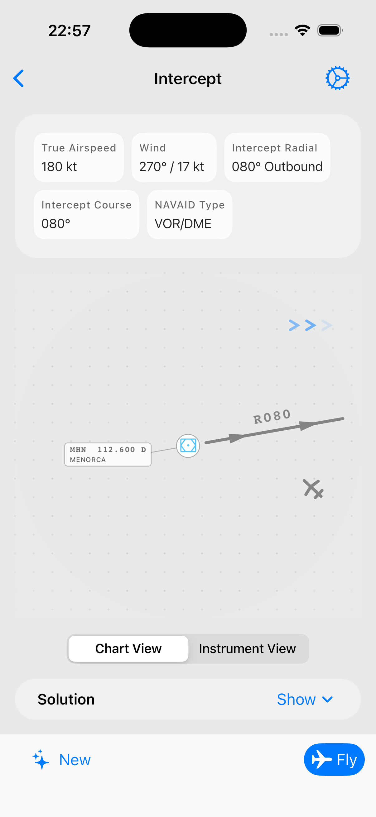 Screenshot: intercept trainer chart view showing the aircraft position, desired radial, and intercept heading