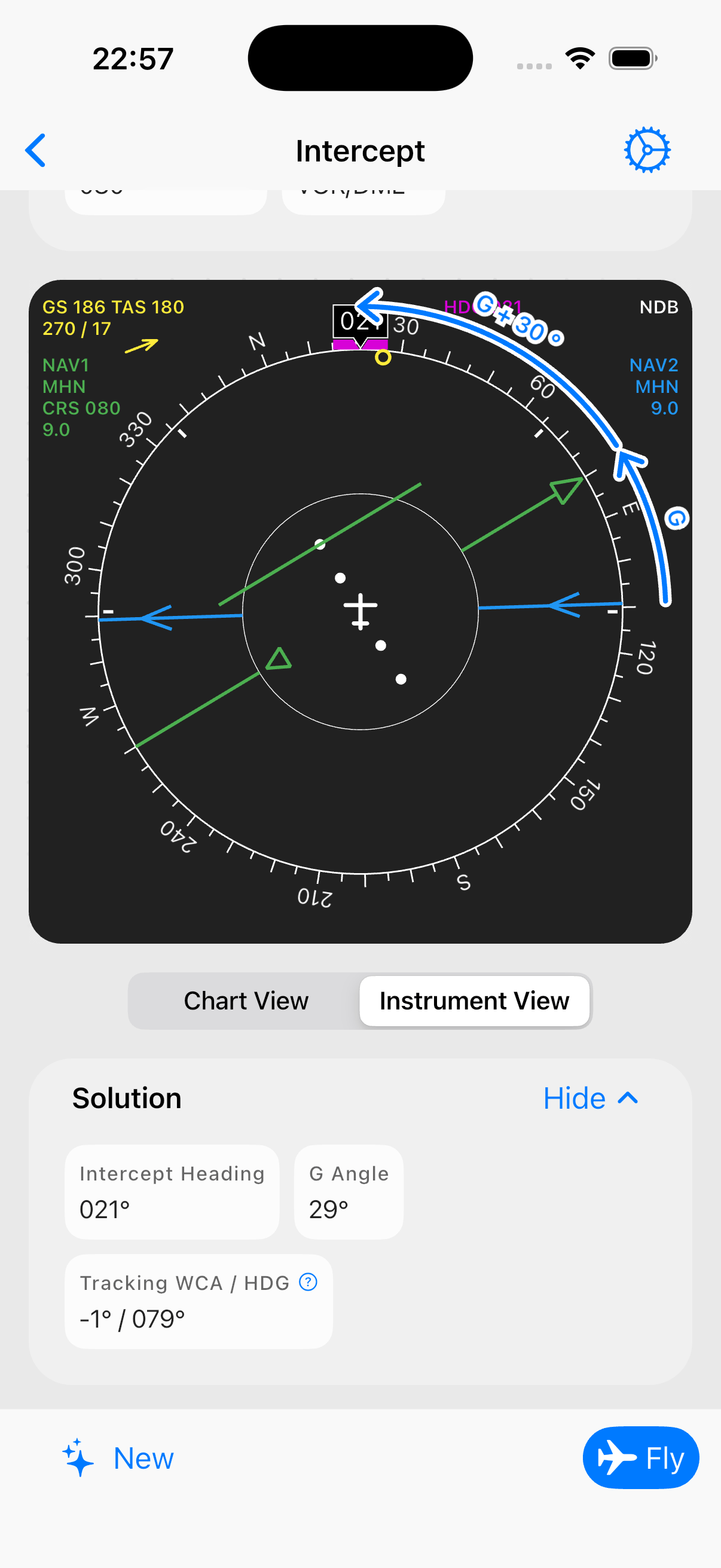 Screenshot: instrument view with HSI needle setup and step-by-step intercept heading solution