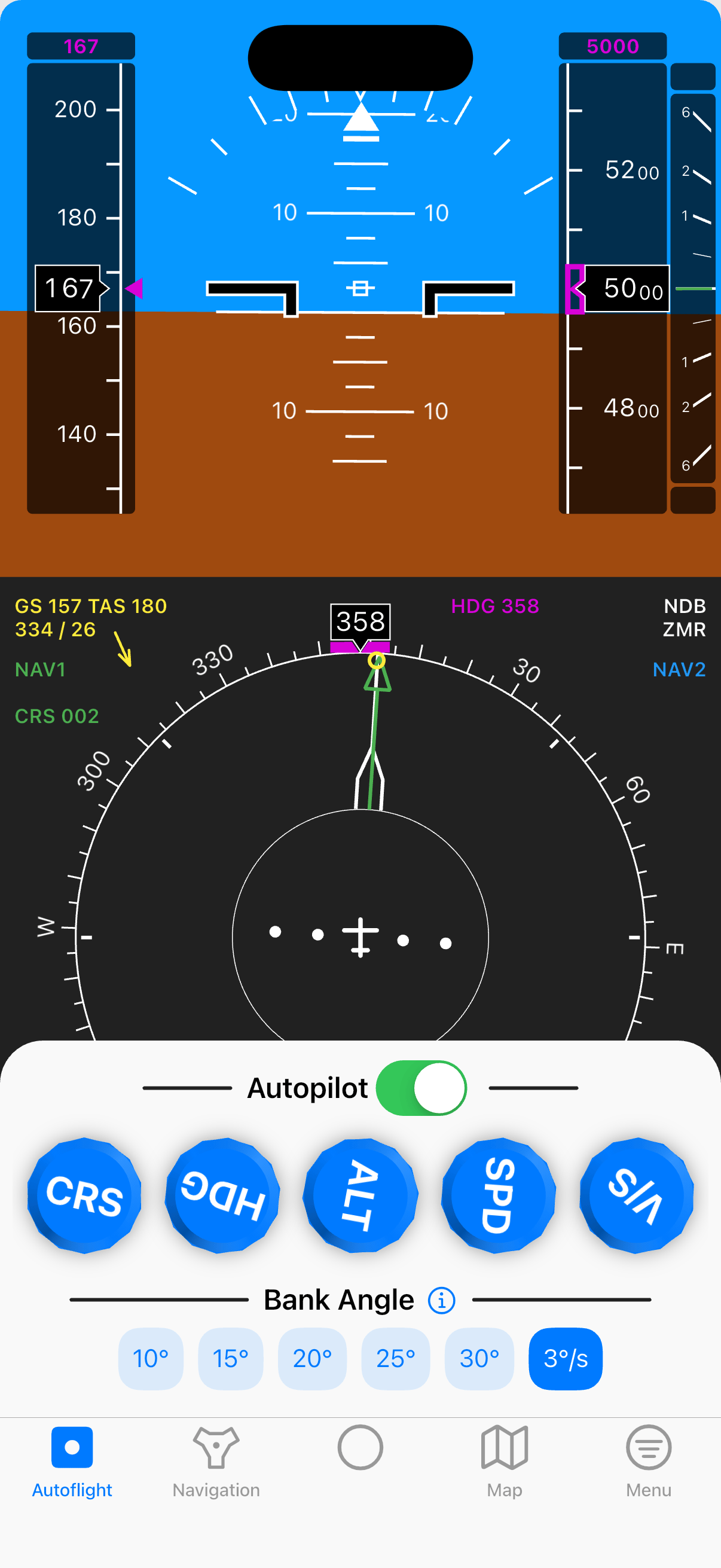 Screenshot: full cockpit view showing PFD and navigation display with rotary encoder controls